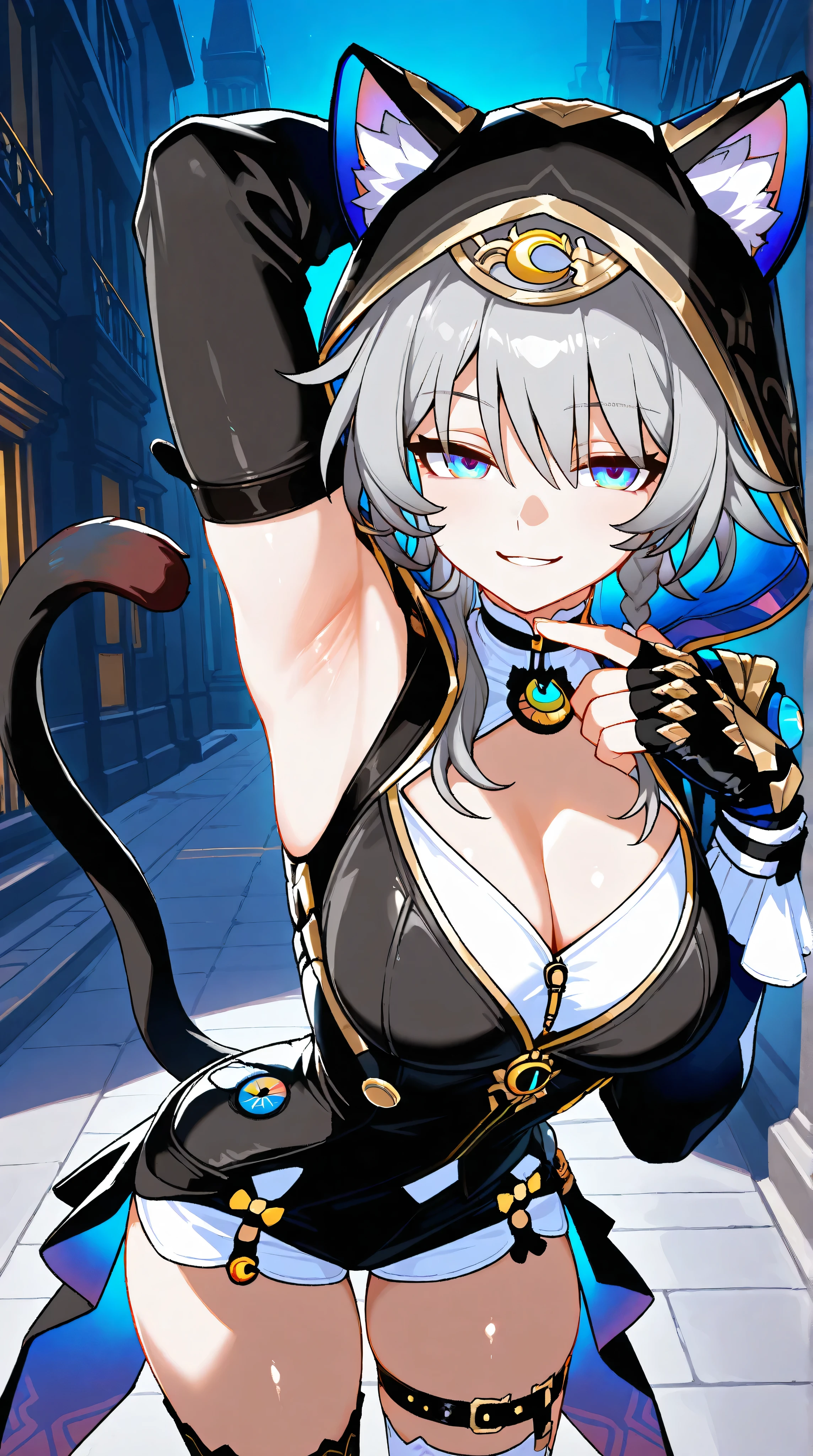score_9_up, score_8_up, score_7_up, source_anime, ultra detailed, (perfect face:1.1), (high detail:1.1), masterpiece, best quality, amazing quality, sharp details, vivid color, hyper details eyes, perfect face, perfect hands, perfect eyes, 1girl, shiny, skin, outdoor, details background, night upper body shot, side view, looking at viewer
BREAK
 cipher \(honkai star rail\), tail, grey hair, blue eyes, gloves, animal ears, hood, cat tail, cat ears, hood up, black gloves, fingerless gloves, cat girl, animal hood, shorts, cleavage, braid, cat hood, long sleeves, thighhighs, thigh strap, medium hair, clothing cutout, cleavage cutout, seductive pose,seductive gaze, seductive eyes, half-closed eyes, smiling, seductive smile,one arm up, details armpit, armpit focus, armpit spread, lay hand on own armpit 
