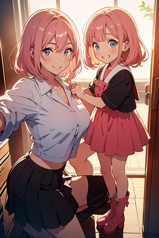 2 girls, sayori bending over and monika staring at her exposed underwear with a blush, flustered,blush,aroused