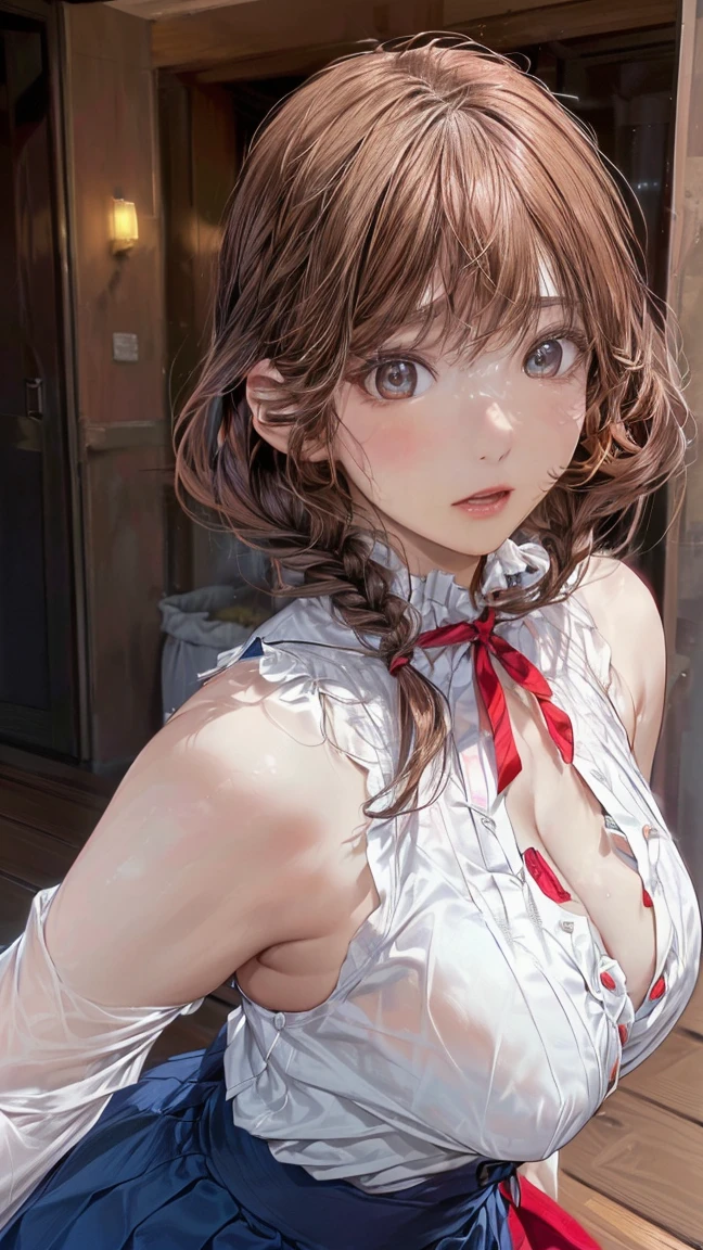 masterpiece, best quality, highres, serena (pokemon), short hair, blue eyes, 1girl, solo, blue ribbon, eyelashes, neck ribbon, sleeveless, bangs, collarbone, bare arms, pink dress , red coat, white background, front, no scenery, looking at the viewer,upper body, facing viewer, solid color background, clean background, facing the camera, high resolution, expressionless calm face, white back ground, looking away, simple_background