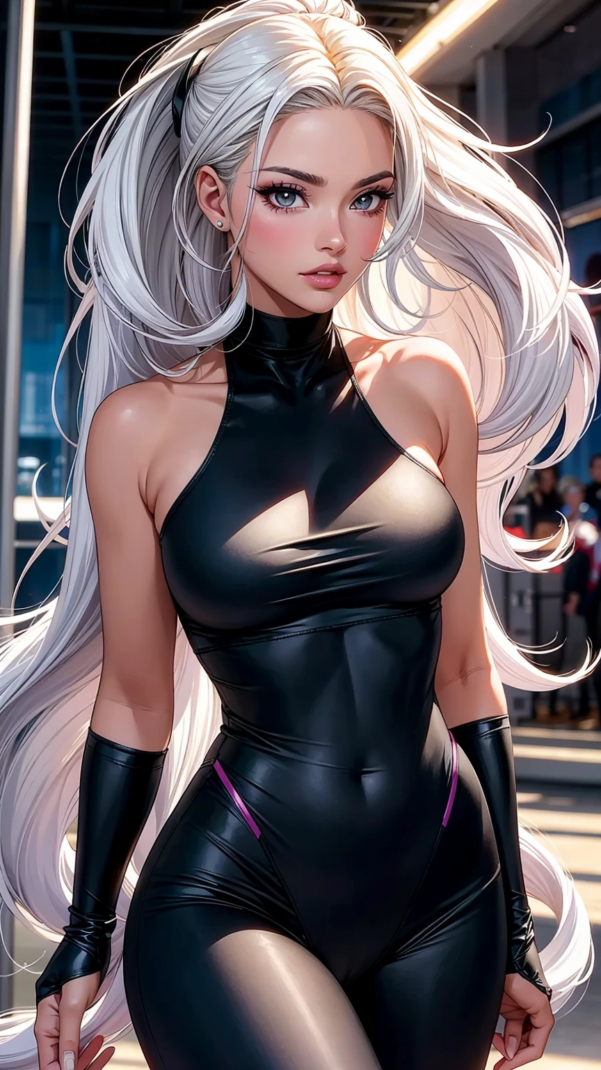 (Masterpiece, 4k resolution, ultra-realistic, very detailed) sexy Ariana Grande as a superheroine, has ice powers, white hair ponytail, back midriff with blue outlines and a snowflake symbol on her right, has black gloves with fur on her the wrist part, wears black tight pants, with a blue belt, blue lines on the knee portrait photography by artgerm, in the style of realism, glistening skin, , natural lighting, Defined full lips. fitness feminine body