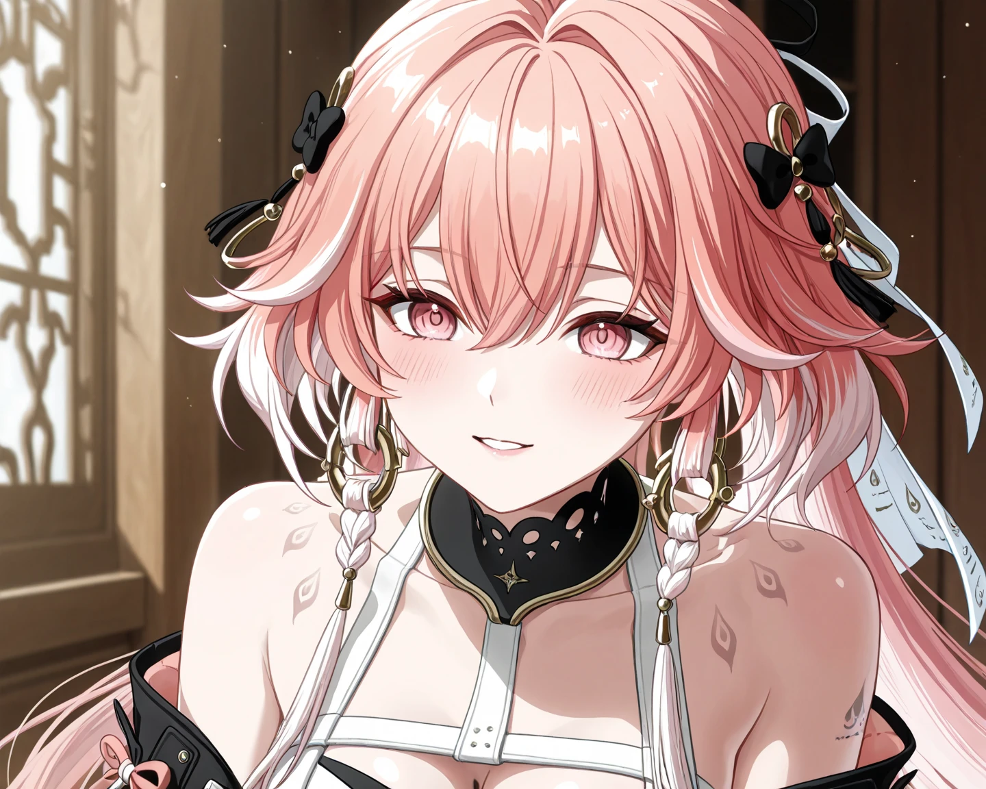 (Masterpiece, Best Quality, High Quality:1.4), professional artwork, Intricate Details, field of view, sharp focus, detailed painting, photorealistic lighting, trending on pixiv, (vivid lighting, vibrant colors:1.05), realistic shadows, ambient occlusion,
Marie Mamiya, mature female, milf, solo, (curvy:1.1), luxury room, (half body shot:1.1),
(red hair:1.05), hair ornament, lipstick, makeup, (mole under eye:0.9), choker, ultra detail hair, ultra detail face, (yellow eyes:1.05), perfect eyes, perfect face, earrings, (seductive look, blush:1.15),
(main dress:1.4), choker, bare shoulders, necklace, fingernails,
(Large Breasts:1.15), Cleavage,