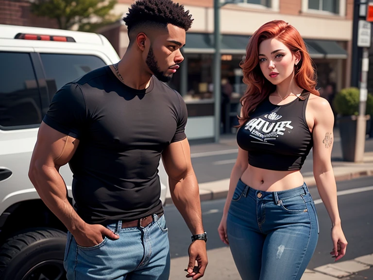 girl and boy. (masterpiece, High resolution, Ultra High resolution, 4k)photo. standing straight look ahead. front view. real photo of a girl next door with long red hair (ultra realistic 1.4k) , model girl with juicy figure and big breasts, Black uniform , sexy top . A muscular men near to the girl in a black uniform, black pantaloon. loft office on the sunset. (real image) realistic photo. ultra-realistic, photography, photo RAW,