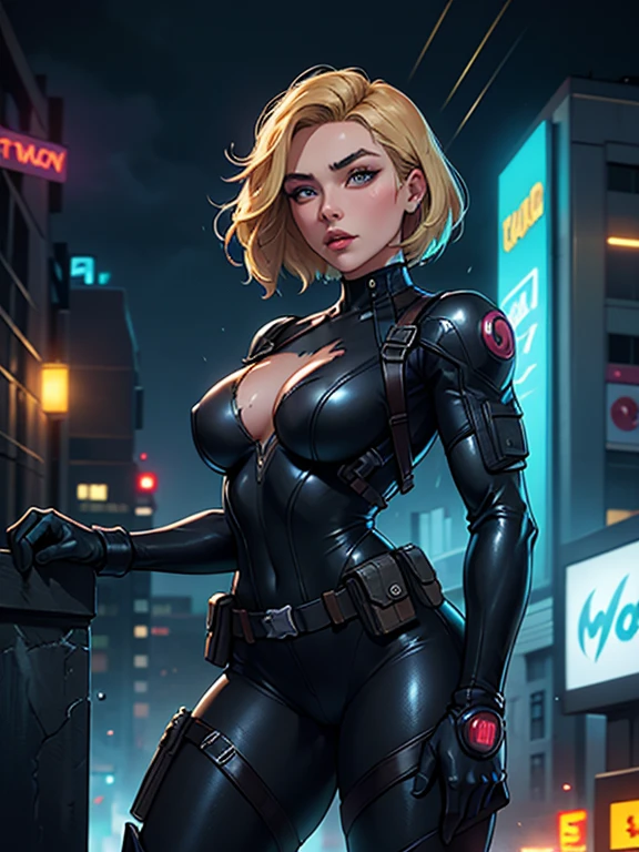 Robocop armor, cyber goggles, slutty woman, tied up with rope, defeated pose, rope wrapped around body, looks frustrated