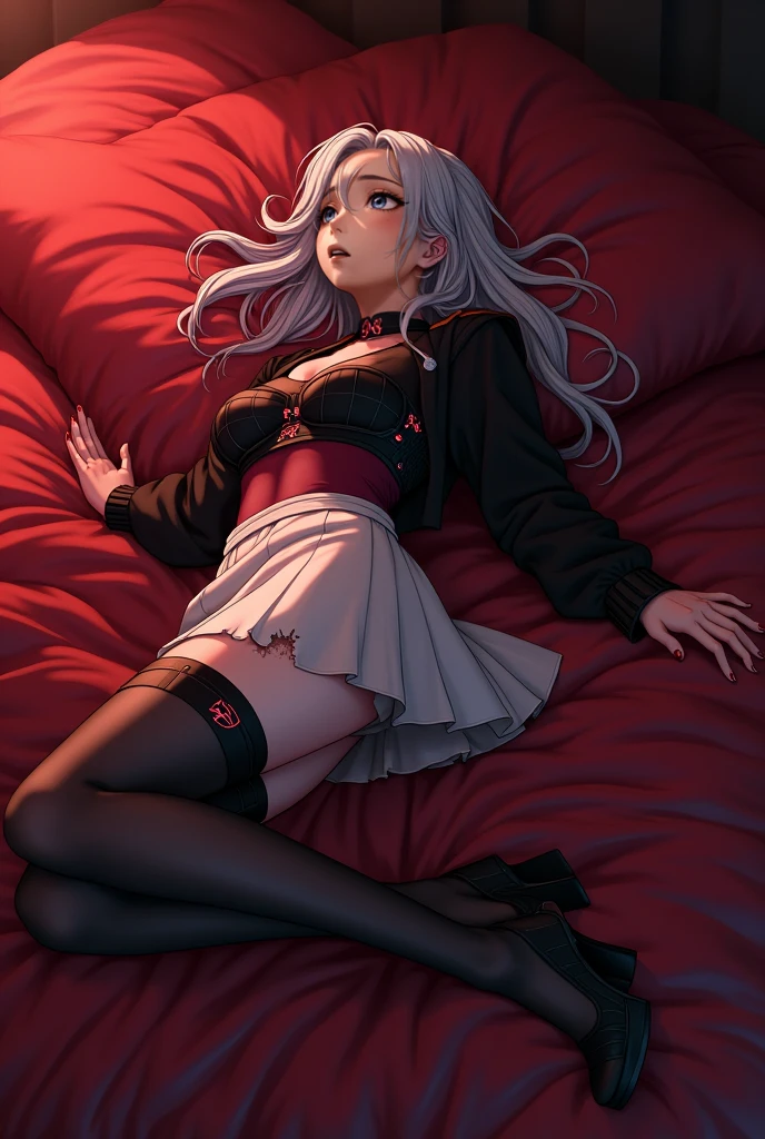White hair, red eyes, loli, open legs, torn clothes, lying on bed, bondage, torn clothes, no bra, no panties, tears, glaring