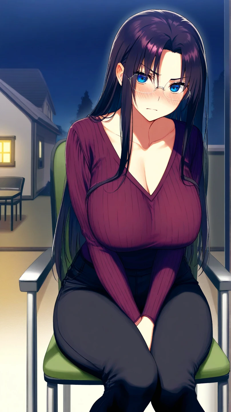 1 milf, long hair, wearing glasses, wearing a black t-shirt and long black trousers , smiling, sitting and crossing her legs