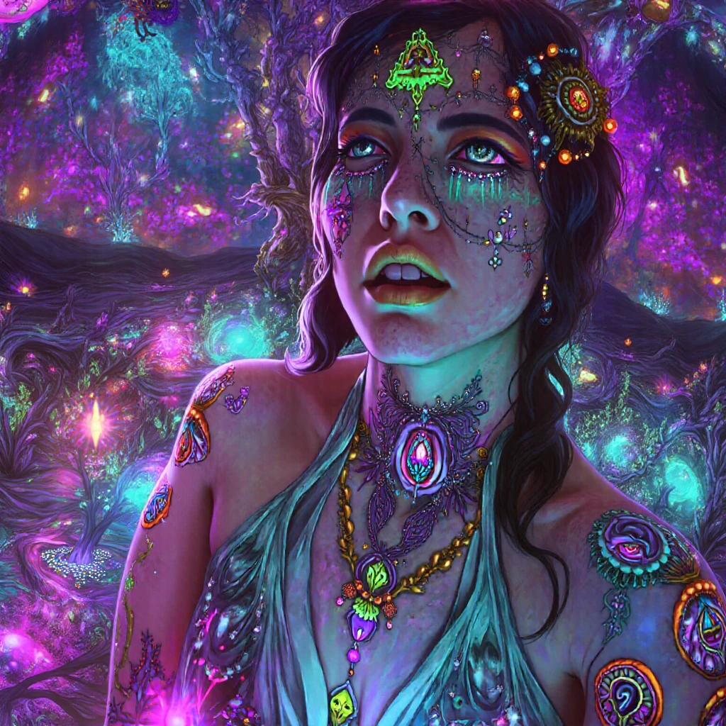 a carbon made shamanic tribe woman doing meditation, one face woman, full body shot,
colorful glowing hair,
all body tattooed,
celestial, whimsical,
super realistic,
fantasy,
fine-inked Thick-outlines,
cell-shaded,
contour,
mysterious,
purple skin,
background of vibrant colors magical mushroom forest with sun <lora:more_details:1> <lora:SDXL-PsyAI-v4:1>,
((symmetrical)) <lora:PE_NeonUV Style:0.7>