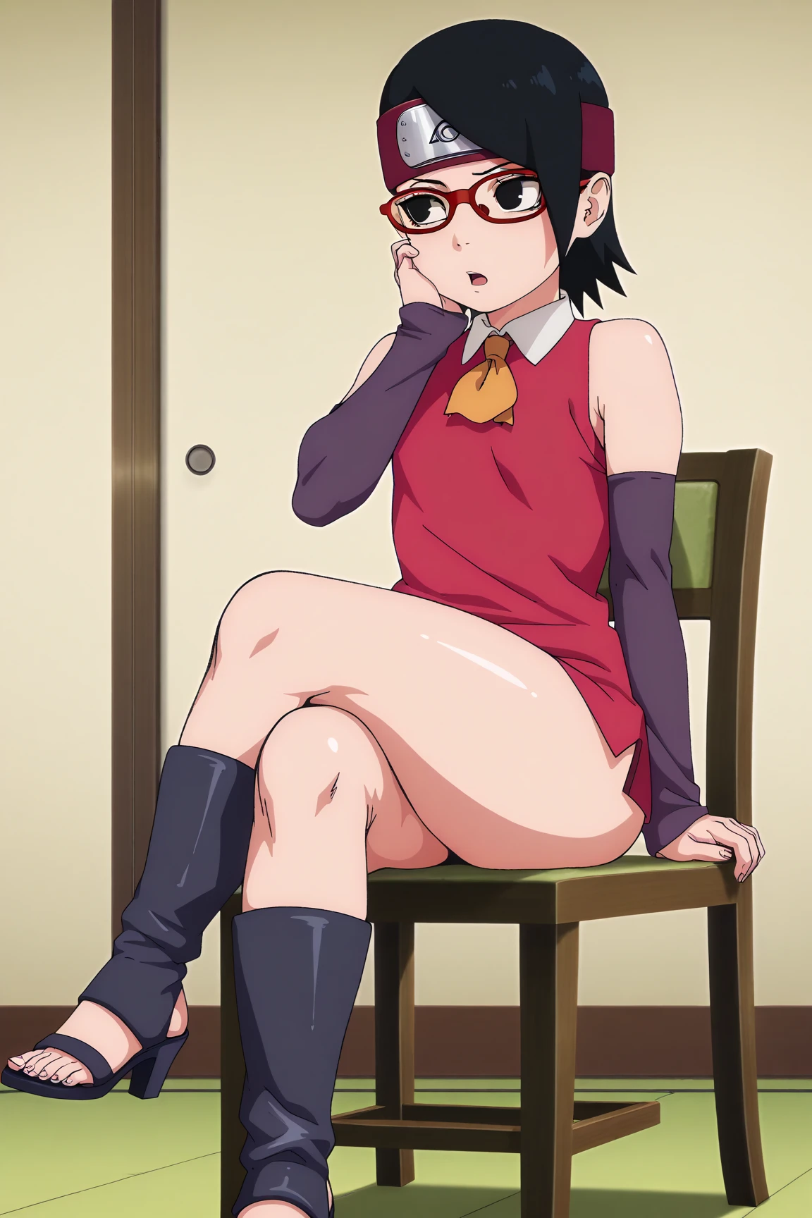 score_9, score_8_up, score_7_up, source_anime, (sarada uchiha, younger), (Child, small stature), short hair, black hair, black eyes, red-framed eyewear, glasses, swept bangs, (smug:0.8), closed mouth, light blush, flat chest. BREAK naked 1boy, penis, faceless male, carrying, vaginal_sex, from below, bald male, faceless male, bigger male BREAK night time, (fantastic:1.2), indoors, ninja academy, Windows, ahegao, cum in pussy