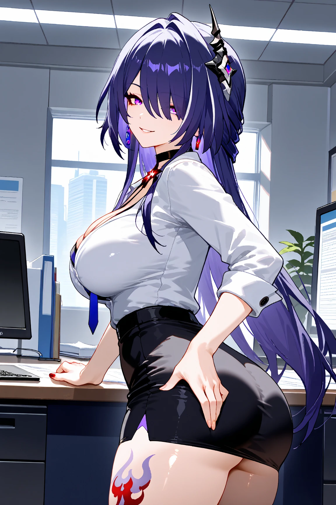 big breasts, 1girl, ((twilight black fur)) ((girl)),,long hair slightly wavy slightly past the shoulders, black bangs, small black pigtails on the sides, cute cat ears, beautiful thin red eyes,, Hyper detailed eyes, she has an extremely sexy body, with full breasts and thin waist, and an extremely sexy body, open blazer long trousers delicate and sophisticated fabric , light makeup. YOUNG, realist, Best Quality, cute expression, pink lips, distracted at work, beautiful day, soft sunlight, session, work on the computer, office
