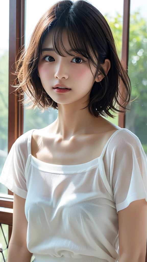 Browsing Caution、highest quality、8k、No makeup、masterpiece、鮮明なphotograph、Ultra-high resolution、Realistic、Professional Lighting、photograph、smile、Very slim、Slender body、cute、White skin、Very short hair、Wearing a wet white t-shirt:1.6、Full Body Shot:1.6、Soaking wet:1.8