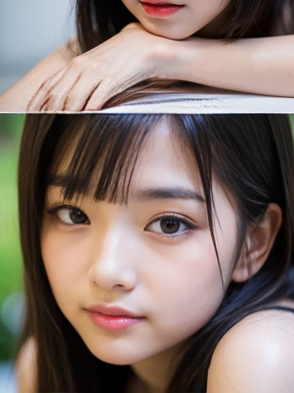 ((((Attention to detail)))),(((masterpiece、Highest quality、Very detailed:1.42、Focus on the eyes)))、Female in her late teens、Portraiture、Blurred cityscape at dusk、Silhouette of buildings and street lights Long dark brown hair、natural wavy curls、The wind is blowing softly、Hair falls down the side of the face、Skin is smooth、Healthy olive color、The tan lines are faintly visible、Natural redness on the cheeks、I have a few small laugh lines on my forehead.、Eyes with dark brown irises、The pupil is shining, Reflect light、Long curled eyelashes、Accentuate the eyes、Eyebrows are thin and trimmed、Natural Arch、Small Nose、straight、straight nose、lips are plump、soft pink lip gloss、Ultra-thin camisole、Barefoot and bare legs、A simple silver bracelet on her right wrist、A small diamond earring sparkles in her left ear...、The expression is calm、Be confident、smile、(((Emphasize the contrast between light and shadow)))、Realistic textures and facial details