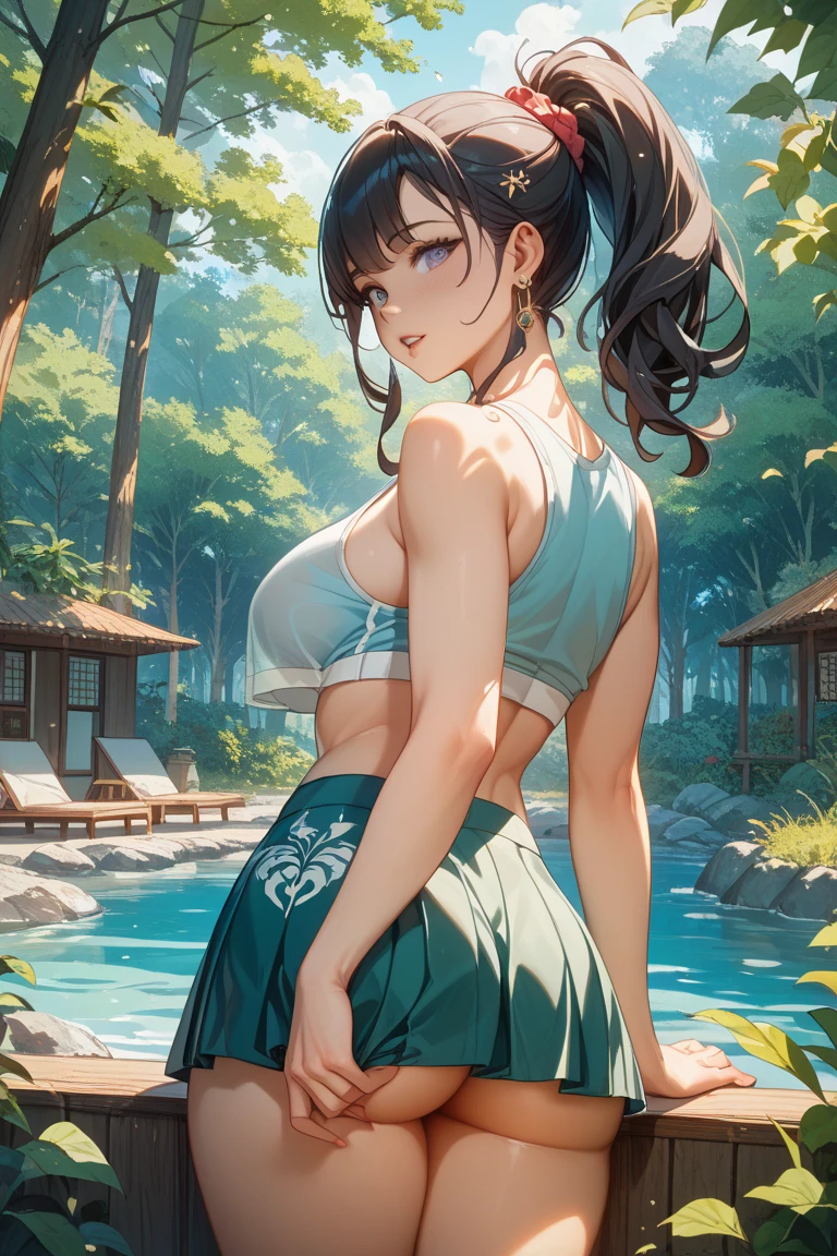 Negative Space, Bisim, girl, Miss,Bare shoulders, (ecchi0.5), Lips, Water splash, (Trees:0.5), (Flowers:0.6) ,(birds:0.2), (Bamboo0.1), lake, Hangzhou, bonian, bonian in background   