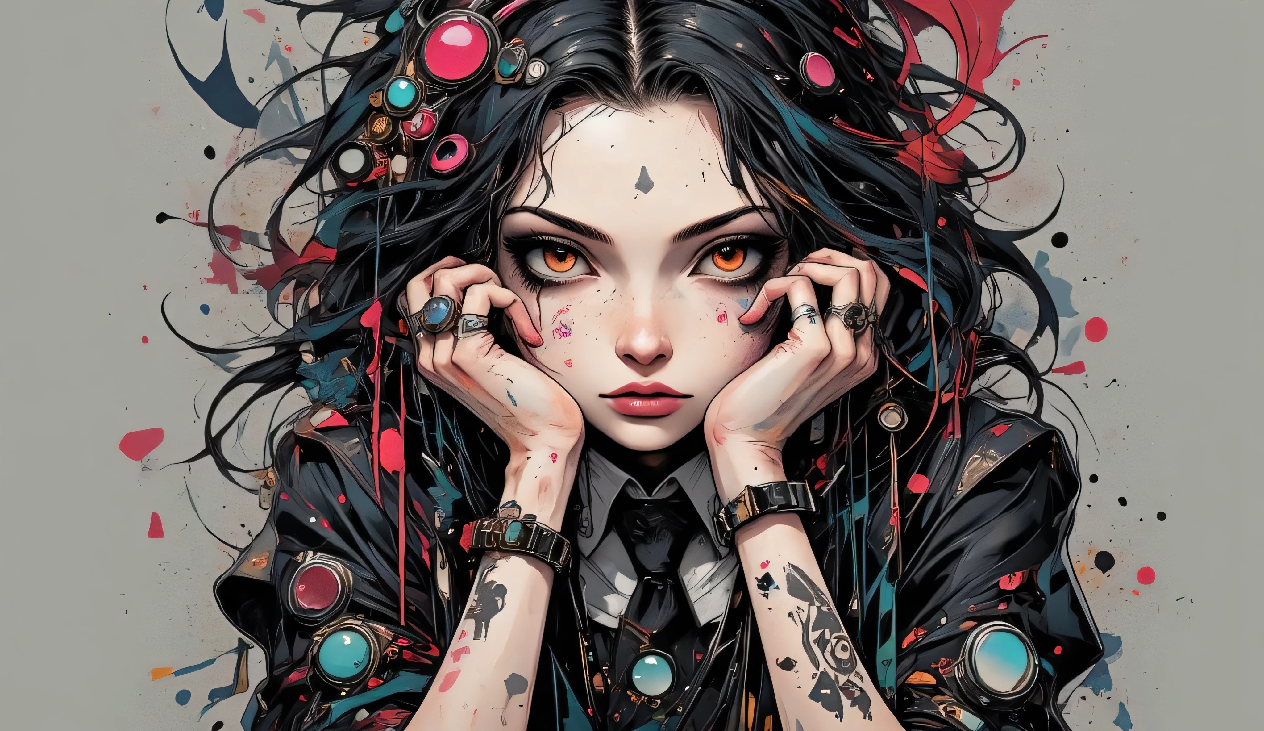 manga style:1.5, she has tattoos on her left arm and cheek, Allowed, Light brown eyes, surrealist pop, looking at the camera, Surrealist pop, beware of long hair with braids, curly black hair, Japanese surrealist pop, She supports her chin with both hands, wears rings with several agate stones, a jacket and tie on her shoulder, long black hair that supports her chin with both hands, long transparent black media, Wrist bracelet, holding a black teddy bear on her knee, Like a gray background々BRUSH STROKES, Gothic:1.3, dark, her expression is sad, Digital art by Hikari Shimokawa, CGSociety, surrealist pop, low-quality surrealism pop, surrealist pop Low-quality art style, beepleとJeremiah Ketner, Japanese pop surrealism, cute cute, Low-quality art, Beautiful and detailed art, Gwaiz, surrealist pop art style