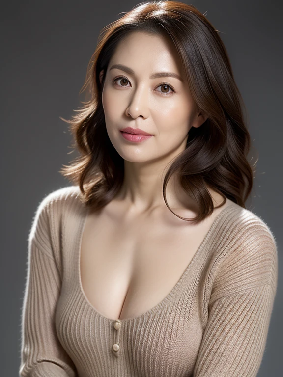 ultra high resolution, masterpiece, rough skin, very detailed, Photoreal, professional lighting, Depth of written boundary, sharp, (gray background), (Front view:1.2),(japanese mature, 38 year old woman is sexy:1.0), detailed face, beautiful eyes, bangs, good shape big breasts, light brown straight hair, faint lips, (Catch Eye:1.3),((stand in front、look at the audience, serious face eyes,)), (thin sweater:1.0), theta, full body photo, cowboy shot,