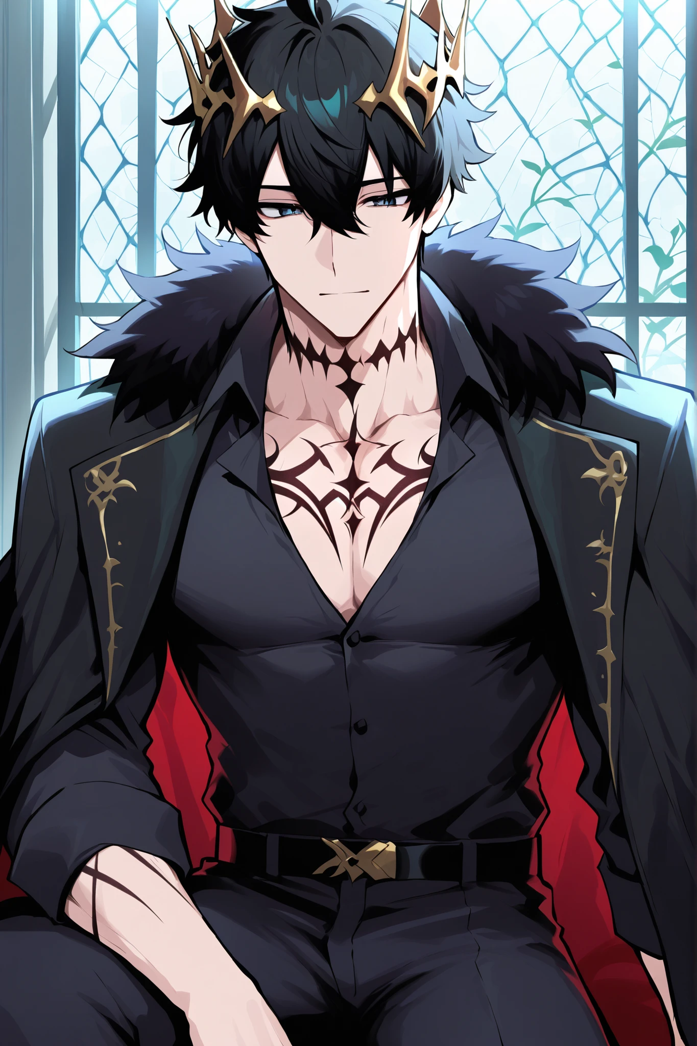 ((male)) ((black hair)) with thorn crown ((tattoo)), red and black tux , soft face, glass window background