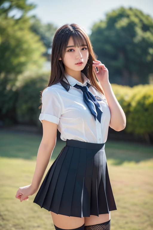 (table top、highest quality、8k、Award-winning work、ultra high resolution)、one high school girl、(Perfect white polyester collared shirt:1.1)、(Lift up your skirt and expose your panties:1.5)、(skirt lift:1.5)、(navy pleated skirt:1.1)、(cute panties:1.1)、(uniform ribbon on chest:1.2)、(Blurry park background:1.1)、beautiful sunlight filtering through the foliage、(Very bright and shiny beautiful skin:1.1)、(glamorous body:1.1)、(very big breasts:1.1)、(emphasize body line:1.1)、look at me、(vivid and romantic sunset:1.1)、epic movie lighting、(accurate anatomy:1.1)、ultra high definition hair、ultra high resolutionの完璧な美しい歯、Ultra high definition beauty face、ultra high definition hair、Super high-definition sparkling eyes、輝くultra high resolutionの美肌、ultra high resolutionの艶やかな唇、the most romantic、the most grumpy、romantic love feelings