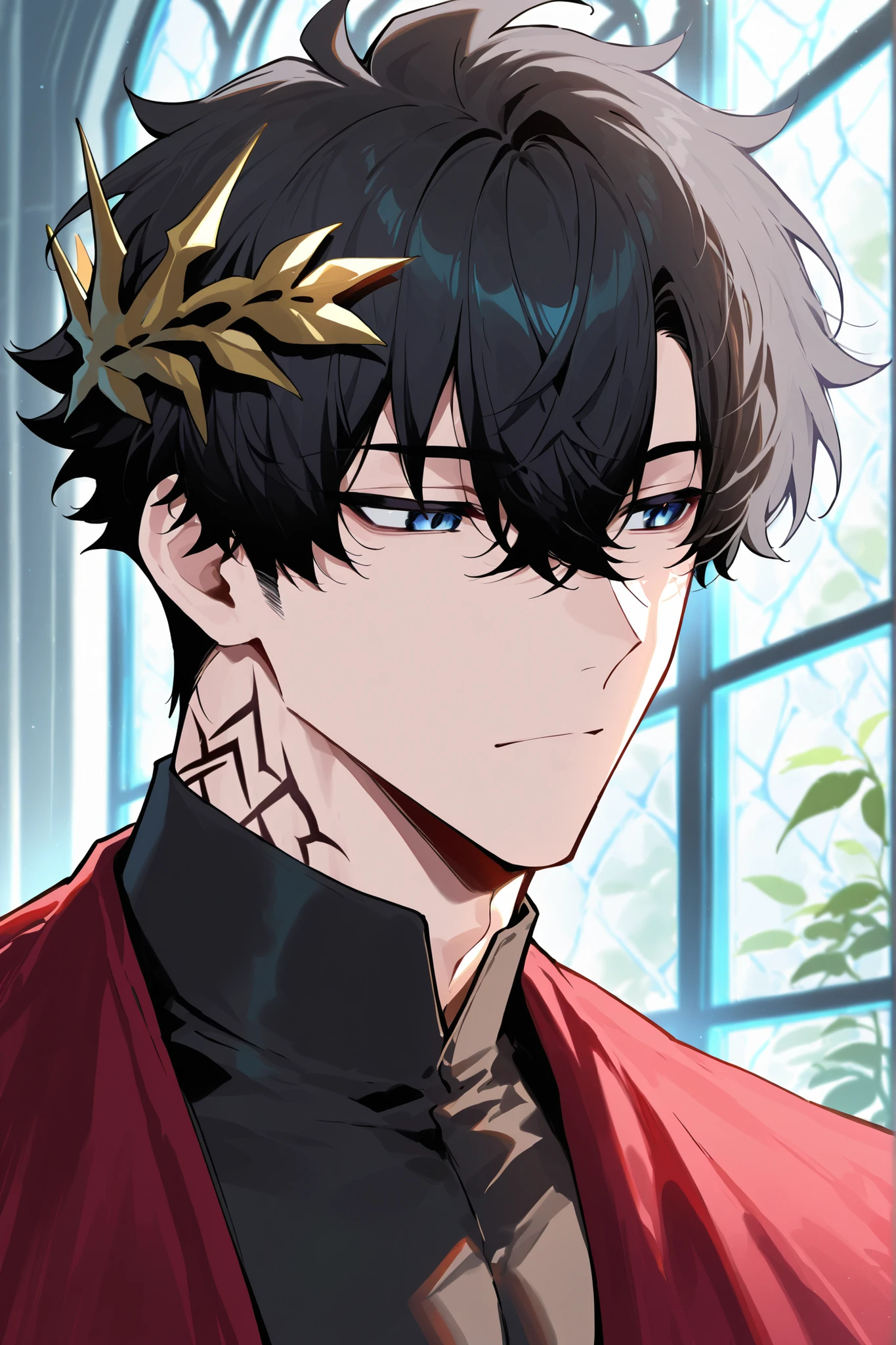 ((male)) ((black hair)) with thorn crown ((tattoo)), red and black tux , soft face, glass window background