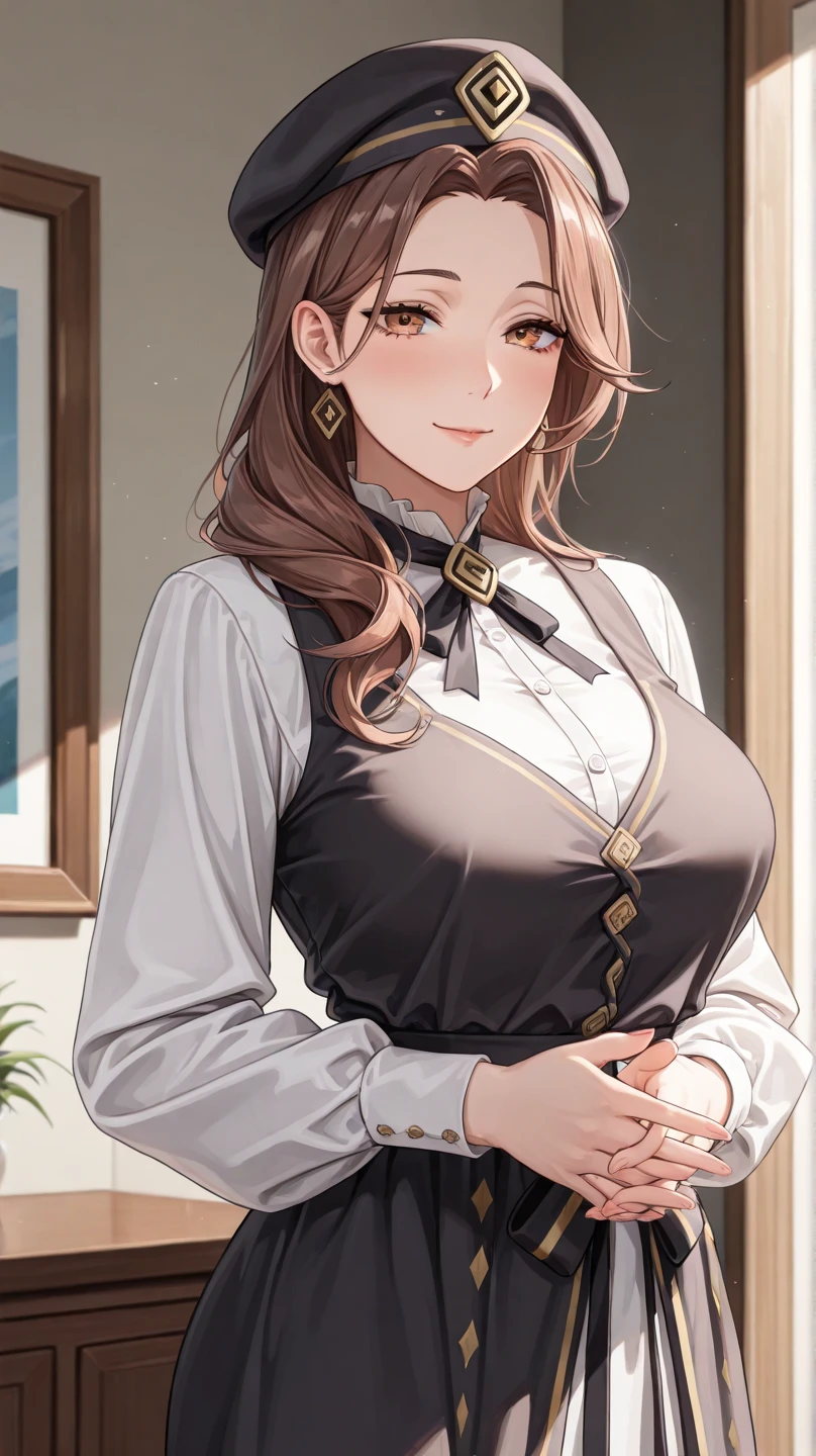 ((Highest quality, High resolution, masterpiece, detailed)),
Cowboy Shot, Written boundary depth, View your audience, Anatomically correct, woman, Shiny skin,
(Long Hair, Light brown hair),
Beautiful details, Beautiful Hair, Beautiful Face, Beautiful clavicle, Beautiful breasts, Beautiful body, Beautiful waistline, Beautiful thighs, Beautiful legs,
(Collared shirt, Micro Mini Skirt, Black thigh-high stockings, Silver necklace), Cleavage,
(Beautiful views), (smile, Part your lips),
