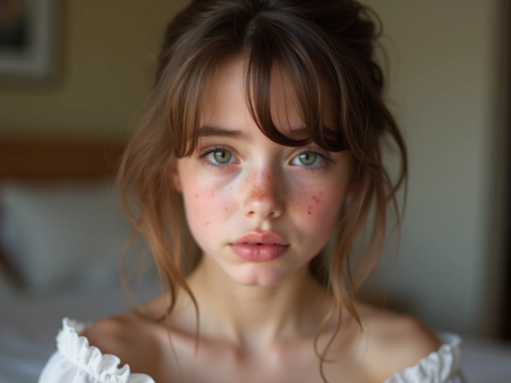 A girl with green eyes and sun basked freckles with messy brown hair without clothes having a sex on bed and cumming on her face with dick
