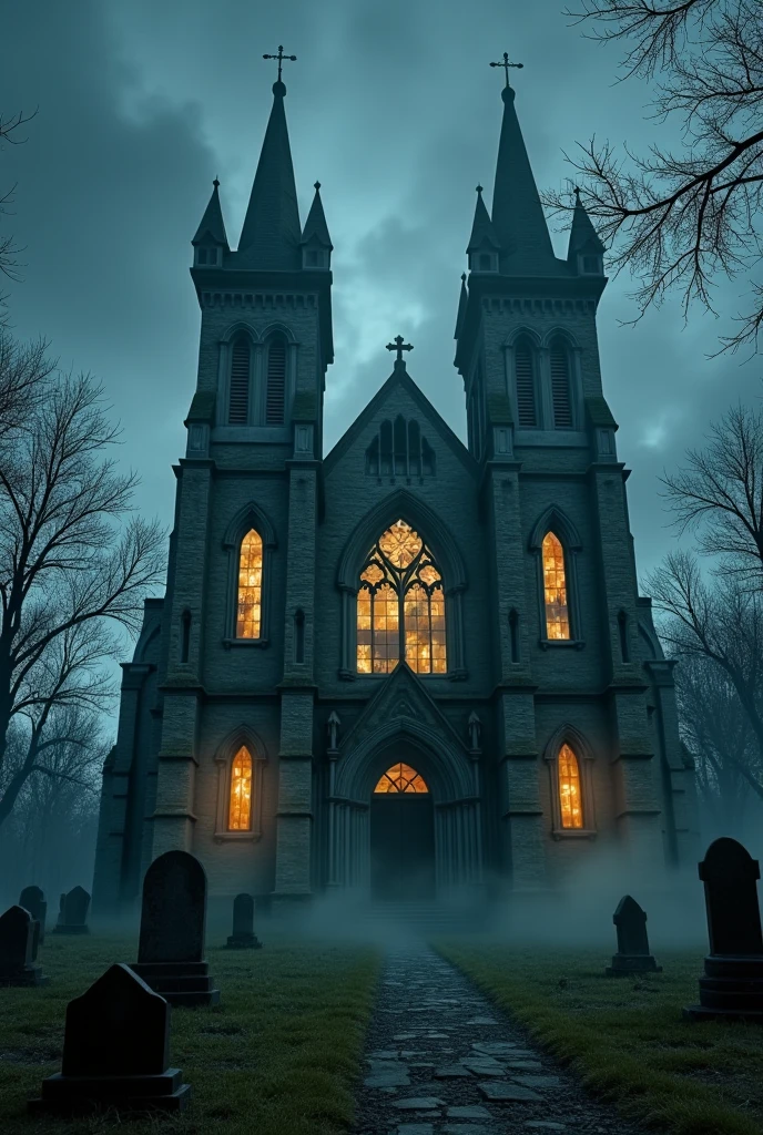 church, cemetery, fog, terror, graves, night, wax candles,horror (theme), fog,
