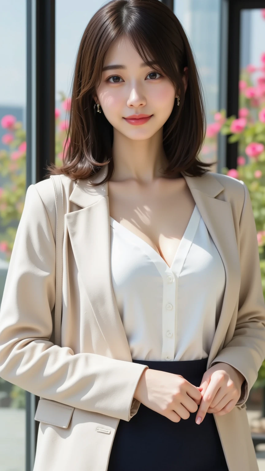 A scene of a woman wearing a low-cut suit sitting on a chair and flashing her best smile on a sunny day