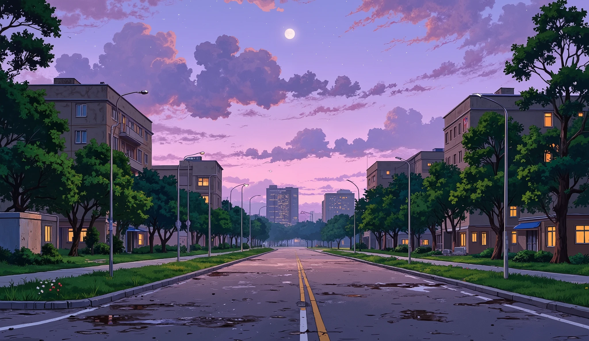 landscape, street, USSR vibes, panel buildings:2.5, panelki:2.5, many floors, many green trees, pink evening, stars, moon, summer, puddles on the asphalt, cloudy:1.5, grass, flowers:0.25, constructivism, without sun, khrushchevka