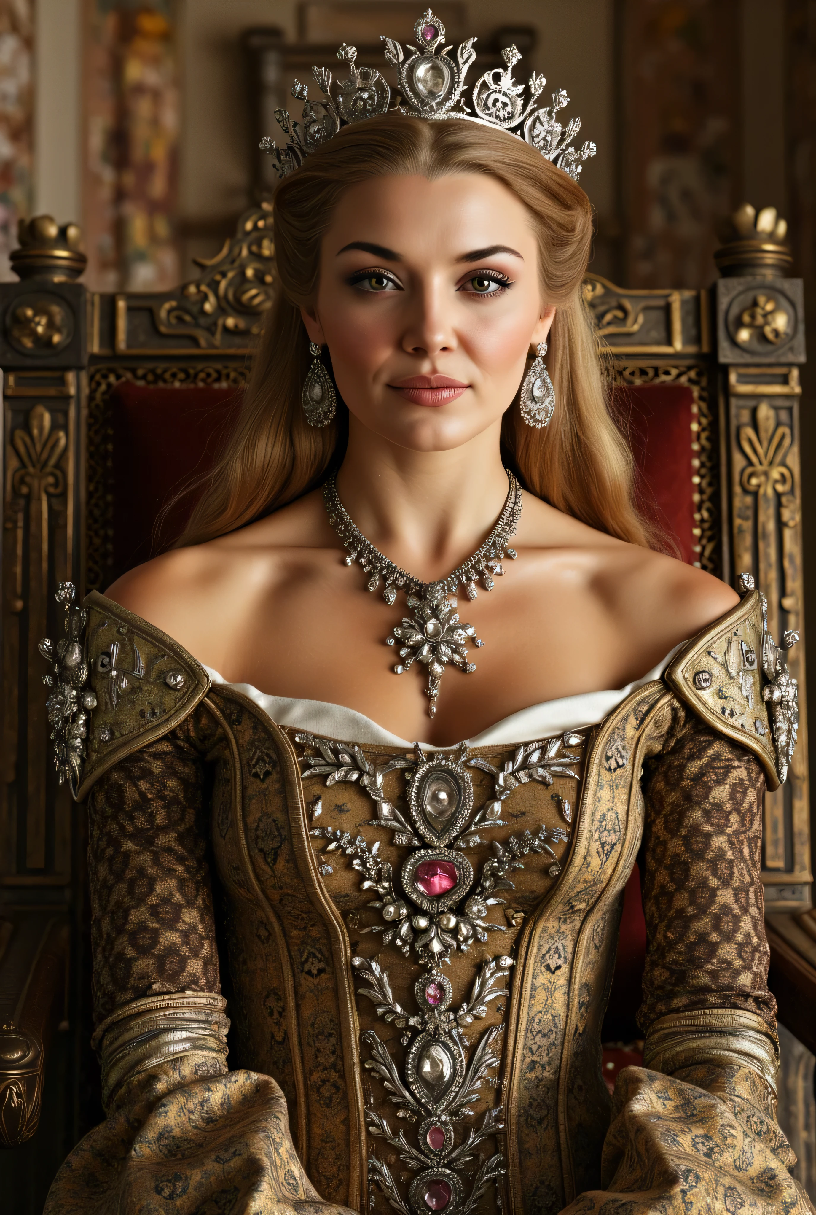 (RAW Photo, Best Quality), (Realistic, Photo Realistic: 1.3), Best Quality, Highly Detailed, Masterpiece, Hyperdetail, Realistic photo shot, realistic photo of a queen , makeup, , blonde hair , (( dress , )), medieval, inside of a castle, throne room , (((full body))), ,