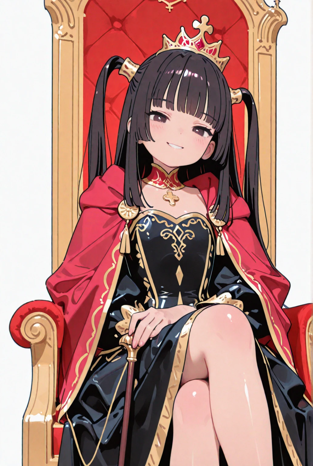 Feminine boy, black peaked cap, hornes, glowing horns, throne, thighs, black attire, short black hair