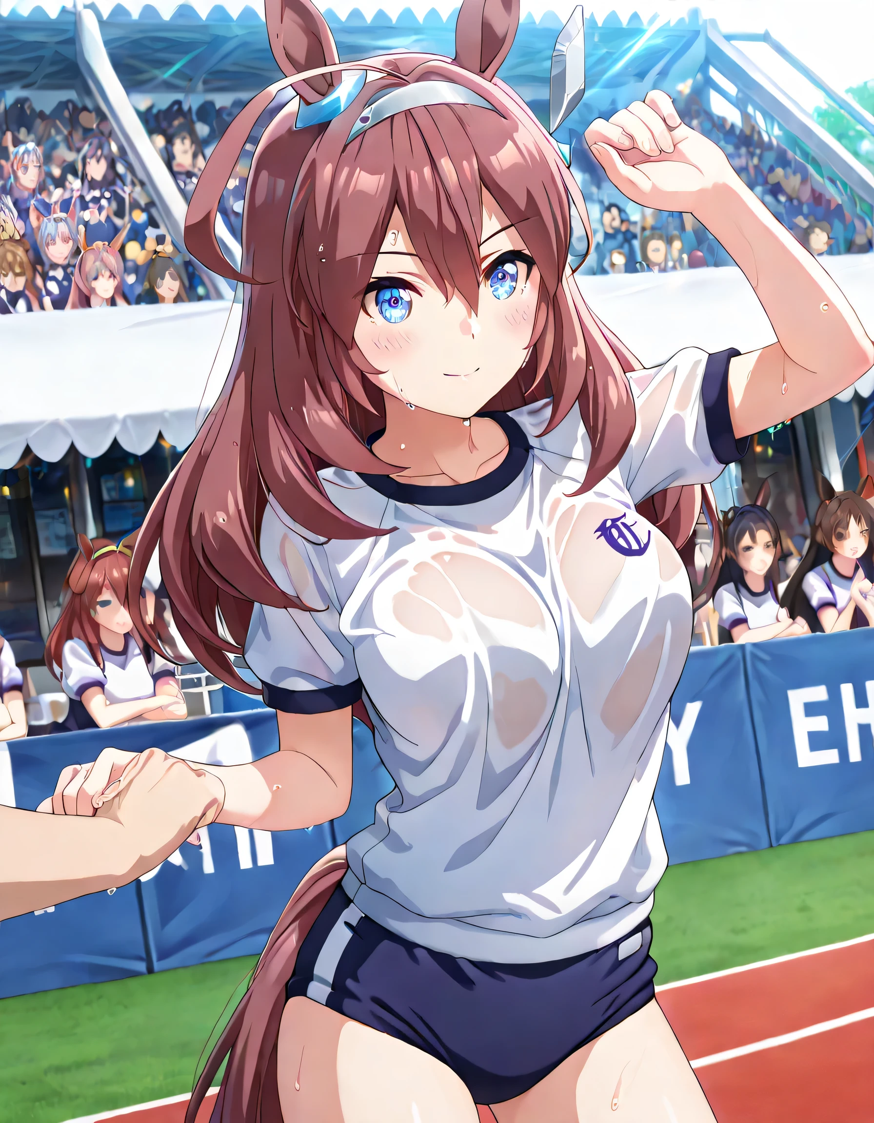 ((ultra-detailed)), (highly detailed CG illustration), (best quality:1.2), ultra-highly detailed, colorful composition, artistic photoshoot, 1girl, solo focus, thigh to top:1.2, cowboy shot:1.2, moe anime character, girl, dainty facial structure, round face, rounded chin:1.2, short height, Mihono Bourbon, long hair, ahoge, blue eyes, horse ears, horse tail, hair ornament, ear blue ring, white hairband, ample breasts, white short sleeve gym uniform with Navy blue rim:1.3, navy blue school gym buruma, sweat:1.2, wet clothes:1.2, smile:1.3, blush:1.3, reached arm, Standing at the racetrackl:1.3, sucking a blue rose:1.4, from front:1.2, dynamic pose, contrapposto pose:1.3, best quality, expecting, pink cheek, blush, light pink gloss slip, portrait, depth of field, sparkling sunlight, lighting, backlighting, shine, lighting, caustics, ray tracing, perfect face, lustrous skin, highly detailed face, highly detailed eyes, perfect face, perfect nose, perfect hair, perfect eyes, perfect anatomy, beautiful hair, beautiful small face, extremely detailed face, beautiful detailed eyes, beautiful clavicle, beautiful body, beautiful ample breasts, leavage, breasts squeezed together, equalize the size of the left and right breasts, beautiful thin thighs, beautiful legs, beautiful fingers, (4 fingers), 1 thumb, lovely, (very detailed background:1.0), (highly detailed background:1.0), summer aesthetic, intricate details, festival atmosphere, summer colors palette, chromatic aberration