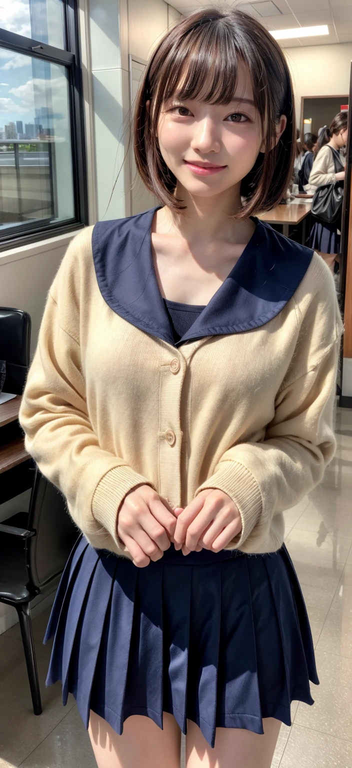 ((highest quality、8k、masterpiece:1.3)),((((fullbody shot)))),Ultra-high resolution,big eyes,Japanese,bangs,(a girl),(1 girl),((20 years old)),((facing at viewer)),(long hair),(((black sailor uniform))),grin,((sitting on chair)),(pleated mini skirt),(((pink panties))),((skirt lift))