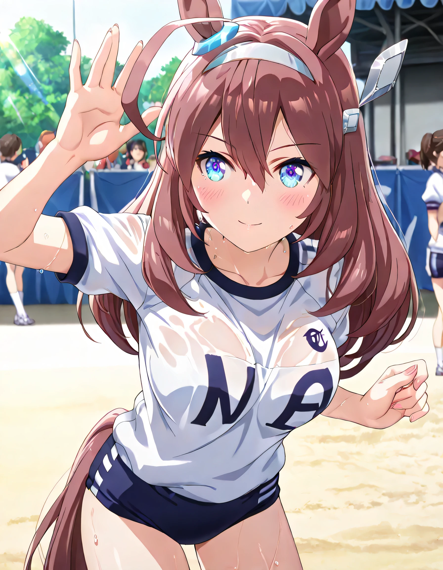 ((ultra-detailed)), (highly detailed CG illustration), (best quality:1.2), ultra-highly detailed, colorful composition, artistic photoshoot, 1girl, solo focus, thigh to top:1.2, cowboy shot:1.2, moe anime character, girl, dainty facial structure, round face, rounded chin:1.2, short height, Mihono Bourbon, long hair, ahoge, blue eyes, horse ears, horse tail, hair ornament, ear blue ring, white hairband, ample breasts, white short sleeve gym uniform with Navy blue rim:1.3, navy blue school gym buruma, sweat:1.2, wet clothes:1.2, smile:1.3, blush:1.3, spread arm, Standing at the racetrackl:1.3, sucking a blue rose:1.4, from front:1.2, dynamic pose, contrapposto pose:1.3, best quality, expecting, pink cheek, blush, light pink gloss slip, portrait, depth of field, sparkling sunlight, lighting, backlighting, shine, lighting, caustics, ray tracing, perfect face, lustrous skin, highly detailed face, highly detailed eyes, perfect face, perfect nose, perfect hair, perfect eyes, perfect anatomy, beautiful hair, beautiful small face, extremely detailed face, beautiful detailed eyes, beautiful clavicle, beautiful body, beautiful ample breasts, leavage, breasts squeezed together, equalize the size of the left and right breasts, beautiful thin thighs, beautiful legs, beautiful fingers, (4 fingers), 1 thumb, lovely, (very detailed background:1.0), (highly detailed background:1.0), summer aesthetic, intricate details, festival atmosphere, summer colors palette, chromatic aberration