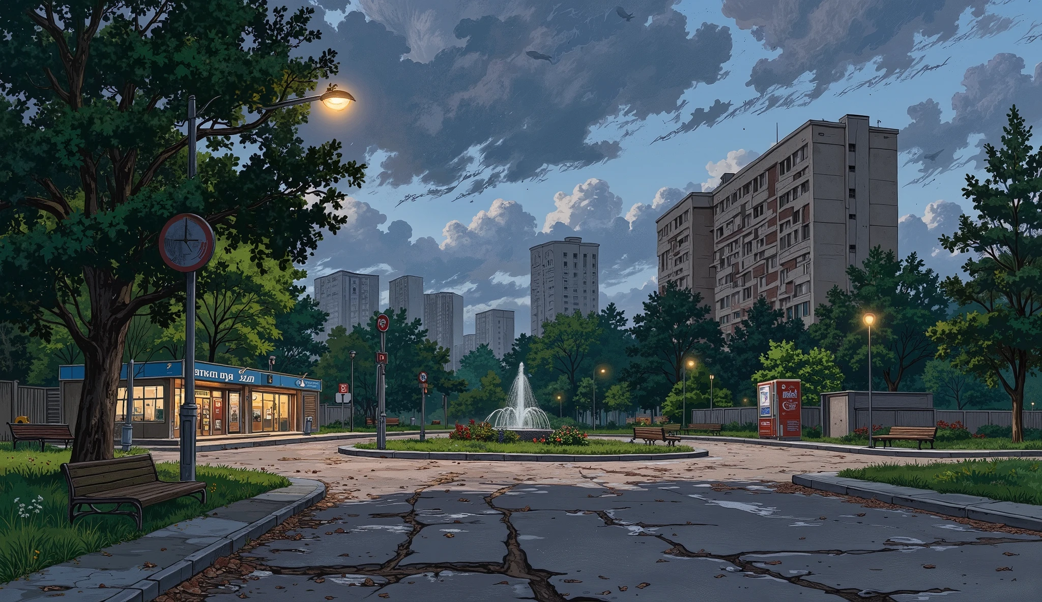 landscape, street, USSR vibes, panel buildings:2.5, panelki:2.5, many floors, many green trees, night, summer, puddles on the asphalt, cloudy:1.5, grass, crossroad:1.5, cracks in the asphalt:0.5, soviet-style concrete fence:0.15, flowers:0.25, constructivism, without sun, street lighting poles:0.1, deserted, empty streets:1.5, soviet store, khrushchevka, soviet soda machine:1.5, benches, fountain
