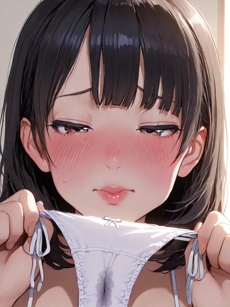 Beautiful girl at 13 years old,Japanese,,,Small and slim,Flat Chest,Small breasts,Baby Face,Small face,Black Hair,Twin tails,middle School girls,negligee,lingerie,open mouth,Blindfold,tongue out,Kneeling and sitting,Beautiful and detailed anime art,high angle, looking at viewer, looking ahead, from above,cowboy shot,Sexy vibe,cum on tongue,On the bed,fellatio,Hands tied behind back,A mischievous smile,