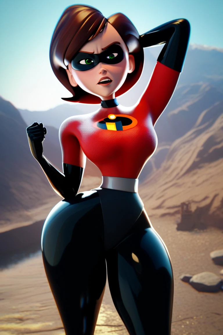 The Incredibles Elastigirl, perfect body, in tight clothes, perfect body and face, perfect fake breasts, huge platform boots, latex, slutty, sexy, silicone round breasts, showing ass to viewer