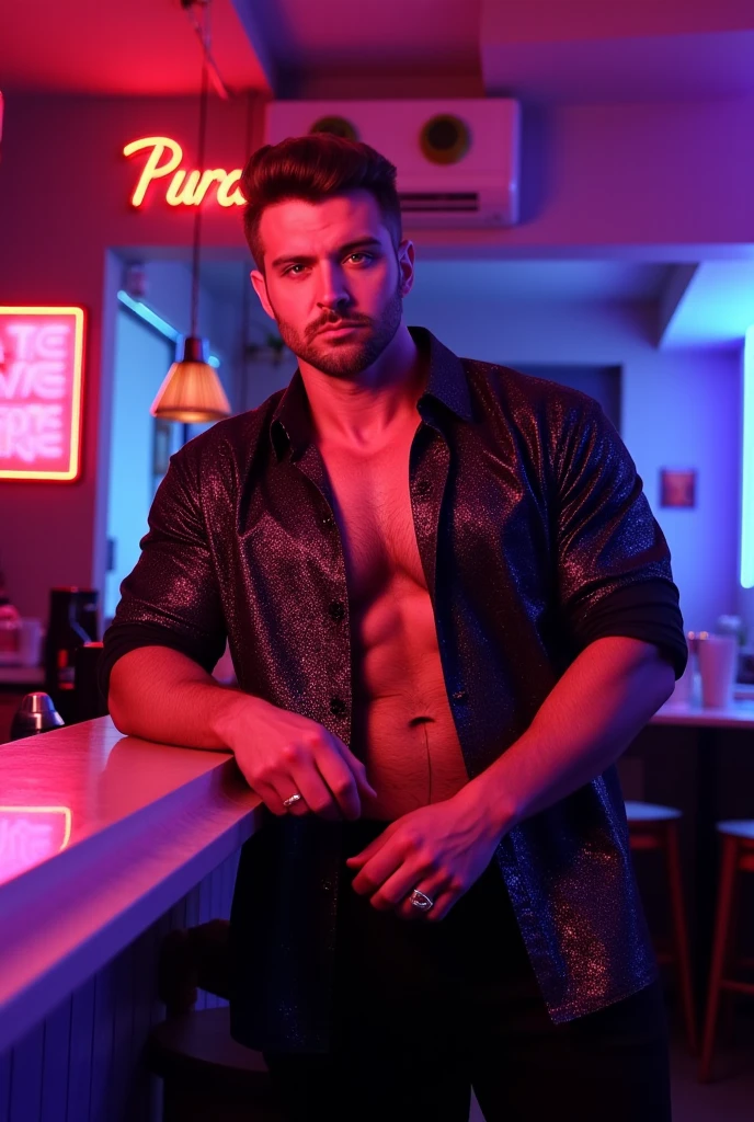 A sexy male DJ in a club, handsome face, short beard, messy black hair, headphone, Dj set up, party,fun, music , homoerotic, nsfw ,penis