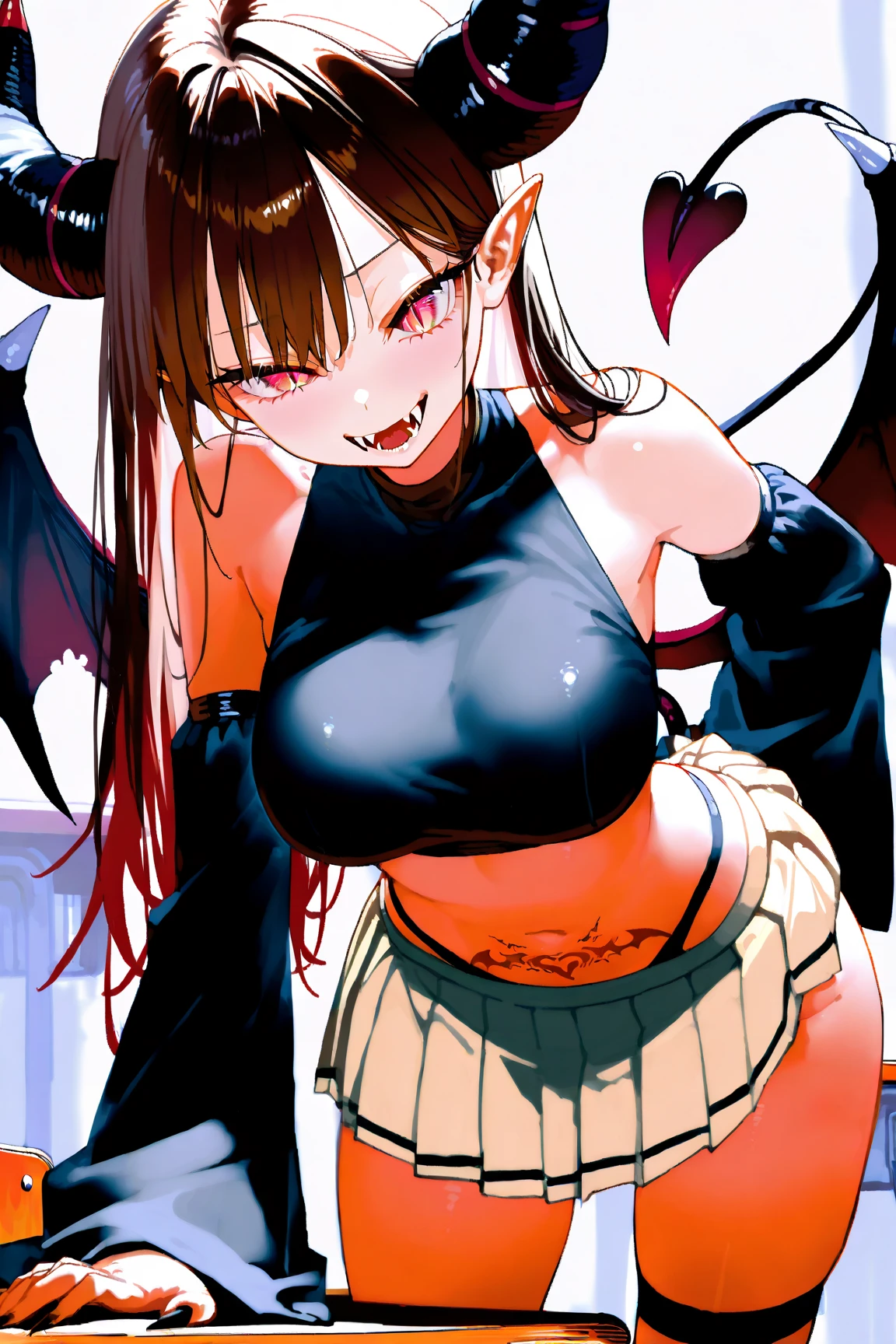 (best quality,4k,highres),sexy demon ,open denim shorts,white wet t-shirt,bare midriff,underboob,batwings,dracula fangs,gazing at viewer,portraits,vivid colors,dark and atmospheric lighting