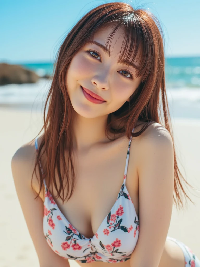 best quality, 8k, highly detailed face and skin texture, high resolution, big tits cute japanes girl in sexy bikini smile on the beach at sunset, full body, sharp focus