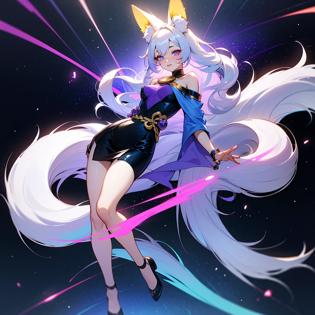 a little white fur rabbit girl, He had pale blonde hair tousled down to his feet., ojos arcoiris, he had rabbit ears and tail, ESTILO ANIME