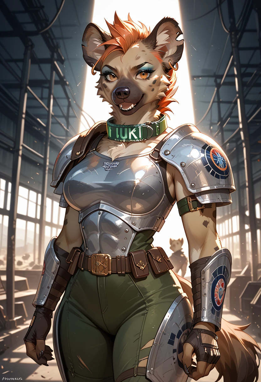 solo, 1girl, red fox, vixen, (female, broad shoulders, stocky build, buff, muscular, large breasts, short hair, black hair, blue eyes, highly detailed eyes, Amazon, powerful figure, wearing camouflage_uniform, (black and white uniform:1.3), military camp, cleavage, hands on hips, combat boots, full body, pleasant smile, looking at viewer, realistic textures, realistic lighting, by darkgem, 