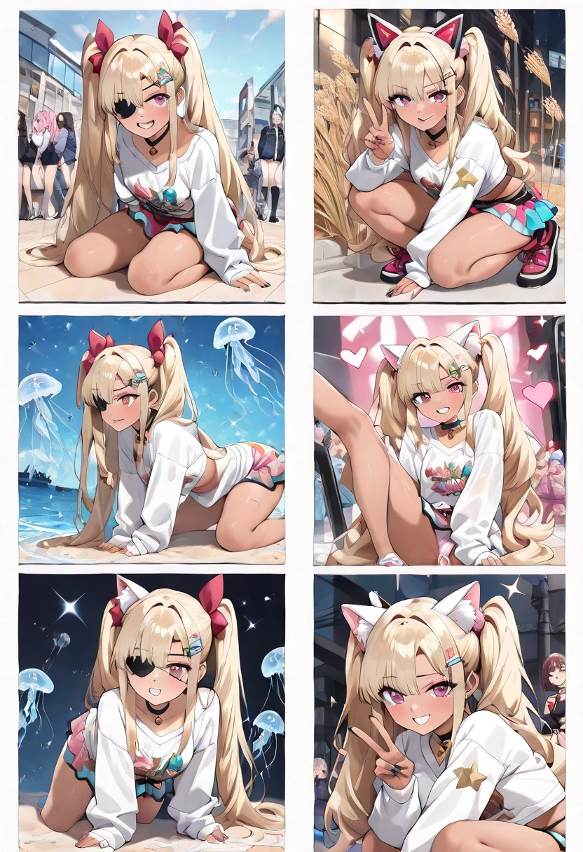 ((Masterpiece)), ((best quality)), (Anime:1.4), (super detail:1.2), (High Definition:1.3), (Professional Photography:1.3), (wide shot), (sharp focus), (perfect light), ((12 years old)), ((1girl)), put on cat ear, fullbody, (pastel color), (watercolor), white back ground, cute, sharp teeth, open mouth wide, (blush), ((scowl face)), ((Break-dance pose)), (Tattered crop top), denim shorts, pale brown hair, wavy long hair,