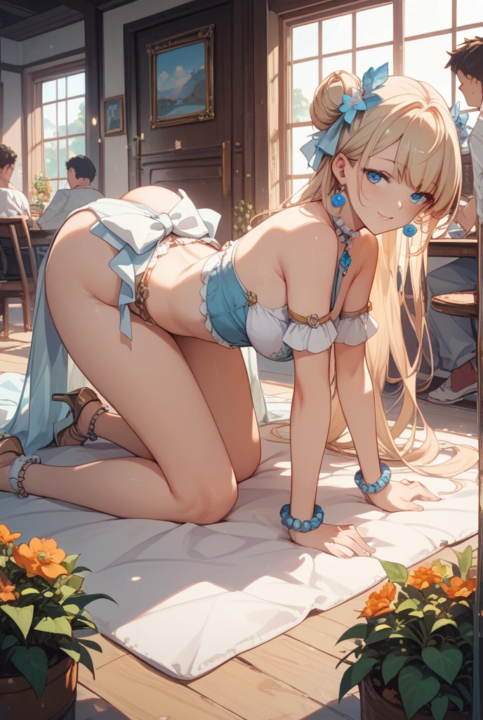 masterpiece,1girl,solo, <lora:[Glorious]Spiring:1>,blonde hair, bare shoulders, cleavage, (all fours:1.3),outdoors