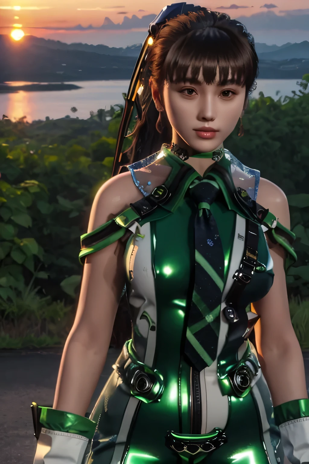 eve, brown eyes, greensuit,  (best quality:1.2),(masterpiece:1.2),(detailed:1.1) , sunset