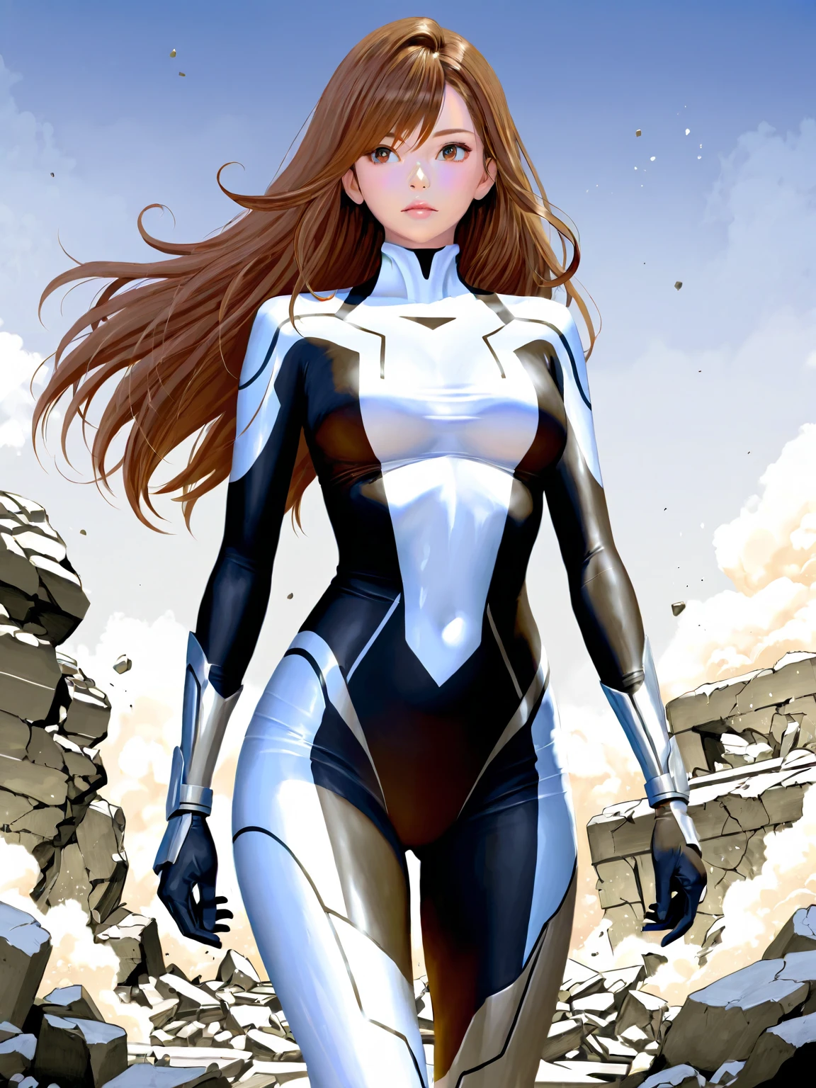 1girl, Alicia Silverstone, female focus, feminine female, high tech, ginger hair, (Standing, Proud, Standing Pose, Strong Stance:1.1), looking at viewer, realistic, Dark Blue spandex superhero costume supersuit with white details, dark navy symmetrical Costume Design, navy and white superhero costume Design, white Chevron supersuit Design, Cool Costume, chevrons, solo, superhero, toned, ((masterpiece)) (low angle, upshot, cloud background, sky background:1.2)