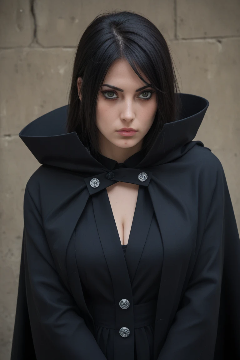Arav is sitting on a chair wearing a black cat costume, Cat ears dress up，There is snow in hell， Dressed in robes, Classical witch robes, Dark flowing robe, Black robe, Fantasy robes, designed for cozy aesthetics!, oversize clothes, Wearing an oversized hoodie, kemonomimi, Very comfortable], High score hair，Expose long legs，sheer transparent clothes，Elaborate Eyes，The details of the eyes are super exquisite，Have a delicate face，Legs are very thin and long，no underwares，slaves，treated like a slave，Reasonable eye structure，Broken，head portrait，Close-up of face in prison cell，The whole body is wrapped in black clothes，Wrap the breast，Black gloves，Conservative clothes