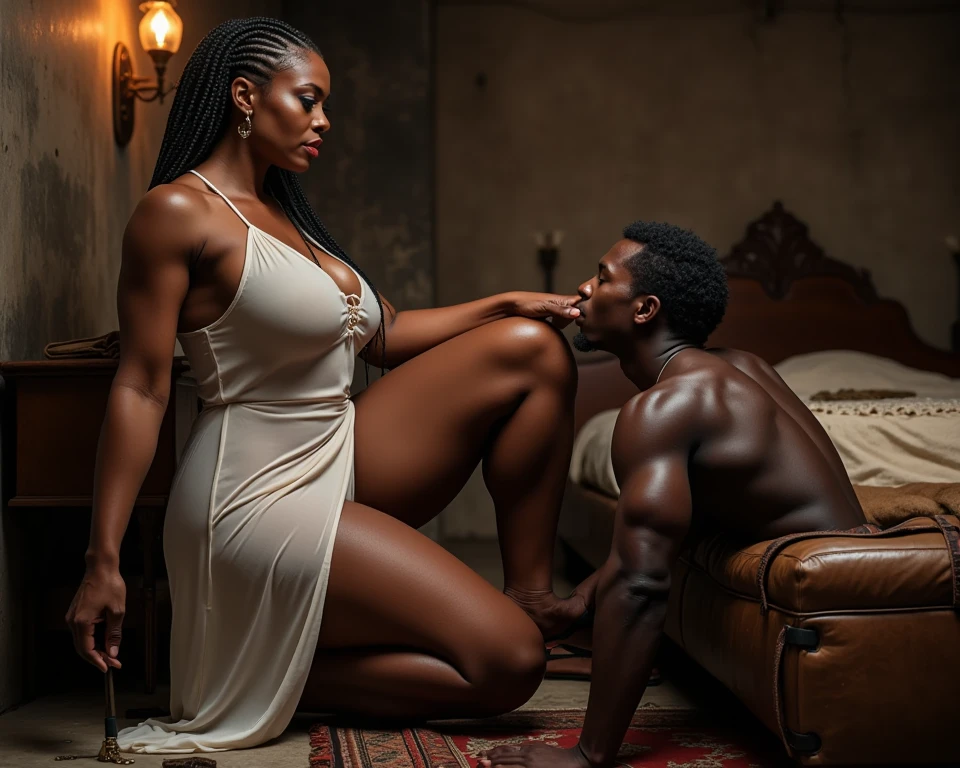 Wide view as They meet in secret under cover of night sharing wispered dreams and stolen kisses.. Create a Envision an image of one regal African, figures that embody the majesty and grandeur of ancient royalty. Their skin is a lustrous bronze, symbolizing strength and beauty. The woman is nude, with the man wearing a magnificent turban and the woman a luxurious headwrap, both signifying their high status. Her jewelry is a statement of opulence, with necklaces, earrings, and armlets that are both intricate and symbolic. They meet in secret under cover of night sharing wispered dreams and stolen kisses. The artwork captures a moment of quiet strength and mutual respect, with their poised expressions and the close proximity to one another indicating a powerful bond.