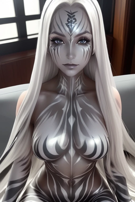 Close-up of 85-year-old elderly Arab woman with long hair, completely naked, Legs and arms wide apart. thick pubic hair. It only has Bootleggers. stunning art style, White Skin Skin. blurred background. Light haze.