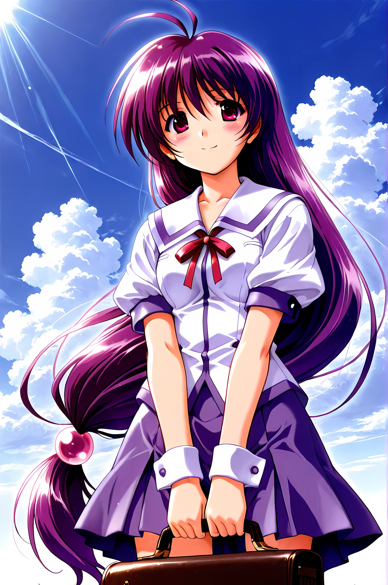 Iriya Kana,1girl, solo, long hair, school uniform, skirt, very long hair, school briefcase, purple hair, low-tied long hair, bag,school bag, holding, smile, ribbon, short sleeves, cloud, looking at viewer, holding bag, ahoge, standing, bangs, sky, hair ornament, v arms, purple eyes, neck ribbon, hair bobbles, puffy sleeves, white shirt, shirt, serafuku, pleated skirt, blush, red eyes, purple skirt, sailor collar, wrist cuffs, closed mouth, briefcase, hair between eyes, sitting, M legs, day