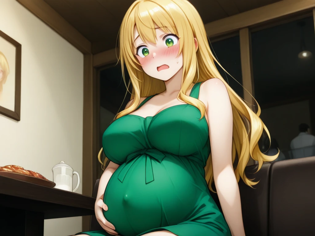 masterpiece, best quality, 
1girl, solo,
(morning:1.7), kitchen,
sleeveless,green Long dress,
cleavage, a yellow bow, 
<lora:Momoka_Fujiwara_Eroge-KK77-V1:0.55>,<lora:more_details:0.1>,jewelry,necklace,gem,
bangs, blonde hair,long hair, hair ornament, hairclip, Purple eyes,
1 girl, 20yo,Young female,Beautiful Finger,Beautiful long legs,Beautiful body,Beautiful Nose,Beautiful character design, perfect eyes, perfect face, expressive eyes,
looking at viewer, in the center of the image, cowboyshot, smile, parted lips, perfect mouth,
official art,extremely detailed CG unity 8k wallpaper, perfect lighting,Colorful, Bright_Front_face_Lighting, shiny skin,
(masterpiece:1.0),(best_quality:1.0), ultra high res,4K,ultra-detailed,
photography, 8K, HDR, highres, absurdres:1.2, Kodak portra 400, film grain, blurry background, bokeh:1.2, lens flare, (vibrant_color:1.2)
(Beautiful,large_Breasts:1.4), (beautiful_face:1.5),
(pregnant:1.2), preggo,  <lora:pregnant_v21:0.5>