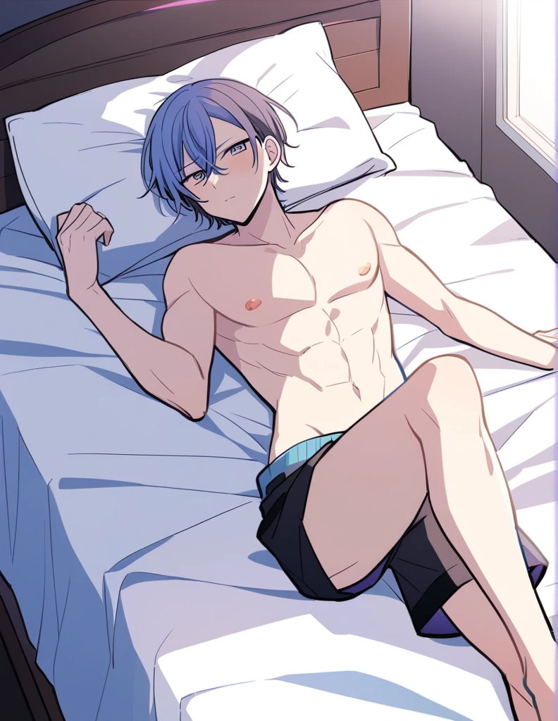 cute male, cat ears, cat tail, looking at camera, smiling, white hair, shirtless, white jockstrap, laying on bed, japanese house, 4 , cute boy, small body, no shirt, black neck collar, jockstrap, bulge, hands behind head, (hugging a purple haired cute male, shirtless, wolf ears, wolf tail, purple jockstrap, small body, cute boy), 2 men
