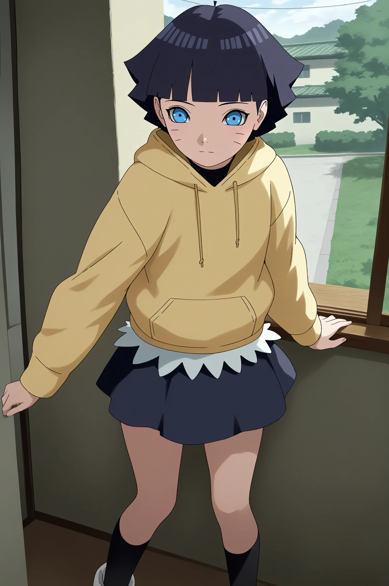 1girl, himawari, hoodie, miniskirt, black stockings, indoors, masterpiece, best quality, detailed