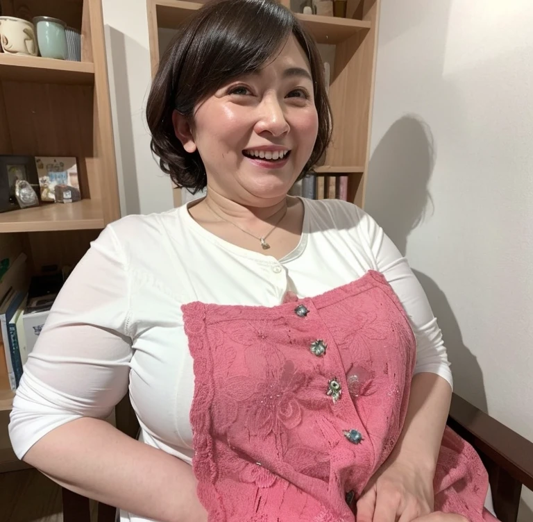 best quality, masterpiece, 16K, absurdres, park, old woman, delightful, smiling, standing, making a heart with fingers, looking at viewer, covering one eye, wave hair, short hair, brown hair, black eyes, big eyes, pale skin, detailed skin, wrinkles skin, glamorous, beautiful breasts, fat, apron, mini skirt, drop shoulder tee, piercing, necklace, long boots, chubby, beauty mark, 50-year-old, old, middle-aged, elderly, japanese, inside, in the living room, with a window, with a bed, in the afternoon, beautiful, ultra realistic photo, real person, full body shot, from front, front view, wide shot, wide view, cowboy shot, moonlight